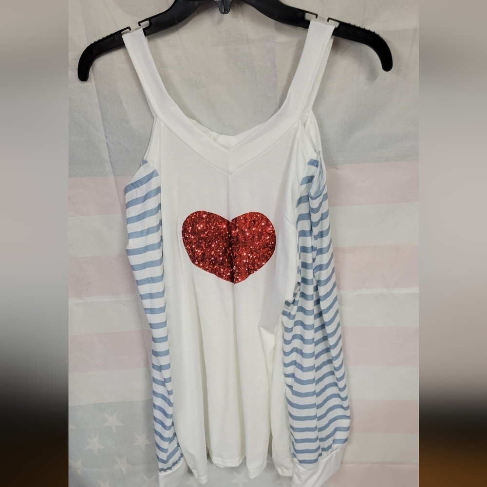 Shoulder Out Blouse Long Striped Sleeve 2XL Heart on Front NWOT
